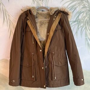 Topshop Brown Hooded Parka with Faux Fur Lining, size 8